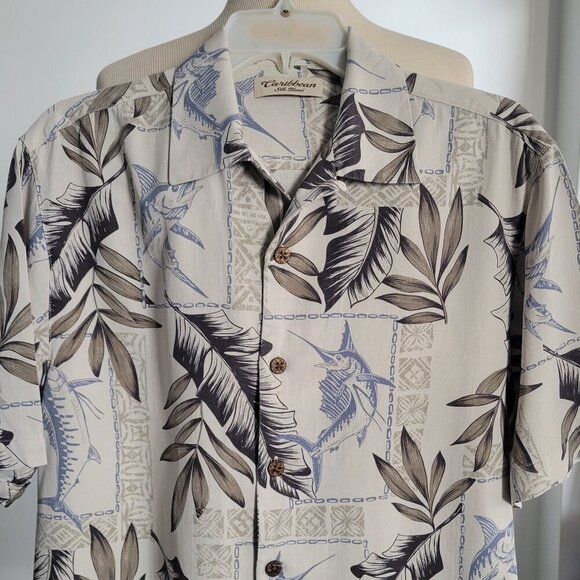 Caribbean Men’s Silk Blend Button Up Sailfish Hawaiian Shirt (Size: M) - Picture 1 of 16